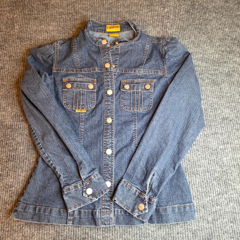 Carbon Denim Project Womens Ribbed Denim Jacket Blue Mandarin Collar Size M